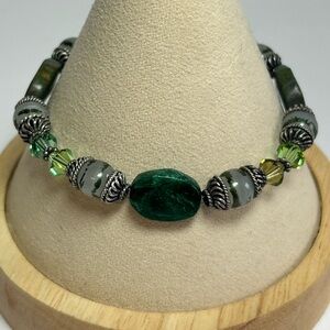 Artisan Natural Green Gemstone Sterling Silver 925 Bracelet Swarovski Crystals
